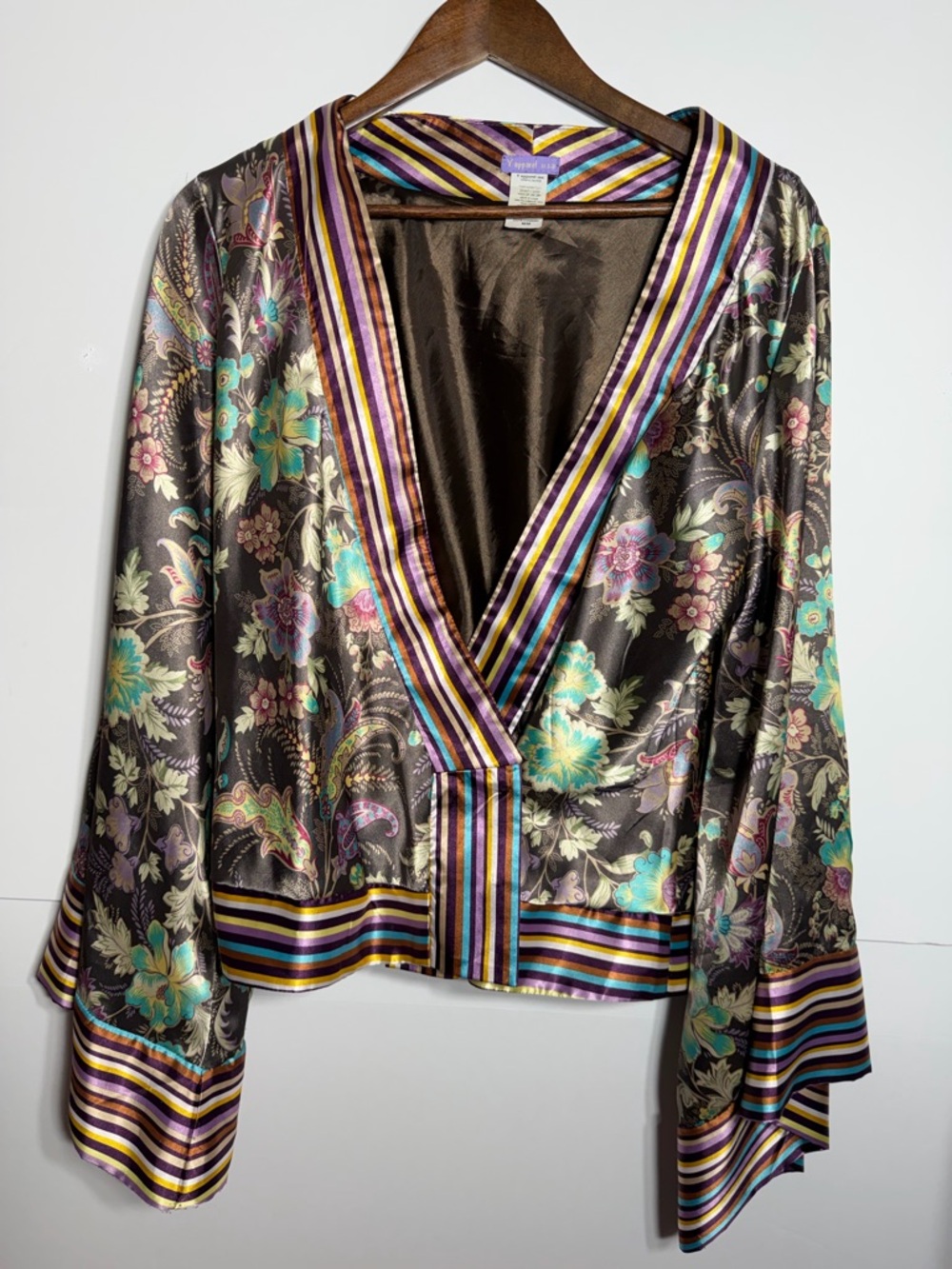 Beautiful Satin Floral Kimono Wrap Shirt with Striped Trim & Wide Sleeves